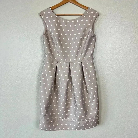 Eliza J Polka Dot Tulip Dress Taupe White Size 8 - Picture 3 of 9